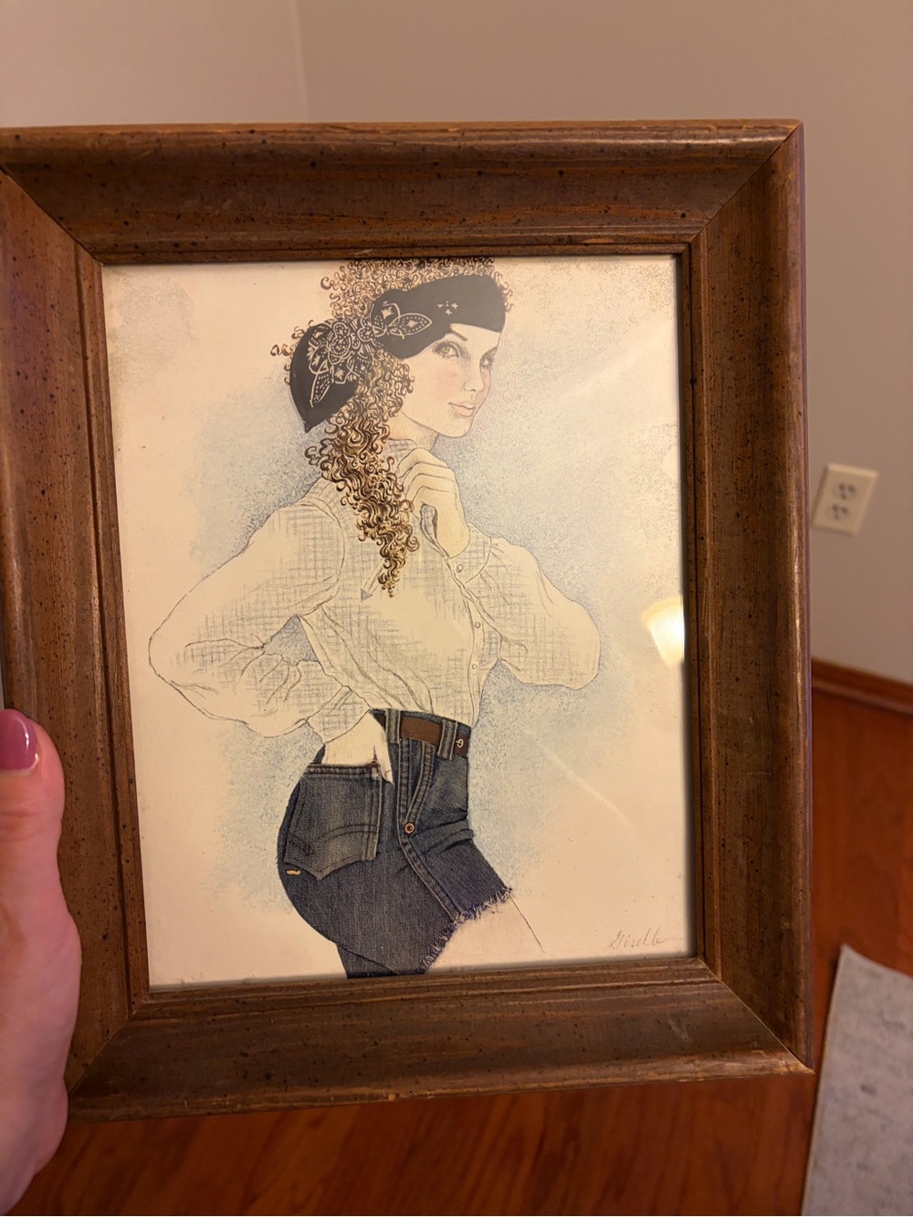 Vintage Style Framed Art Print - Woman in Denim and Black Headscarf